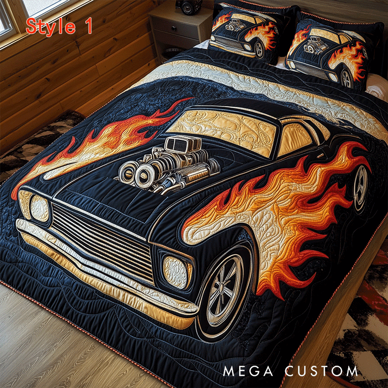 Personalized Flaming Muscle Car Quilt Bed Set Special Line Gift for Racing Lovers