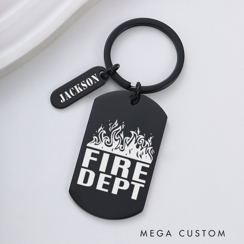 Personalized Fireman Keychain Engraved Metal Design Featuring Fire Dept Text with Flame Graphic Gift for Firefighters