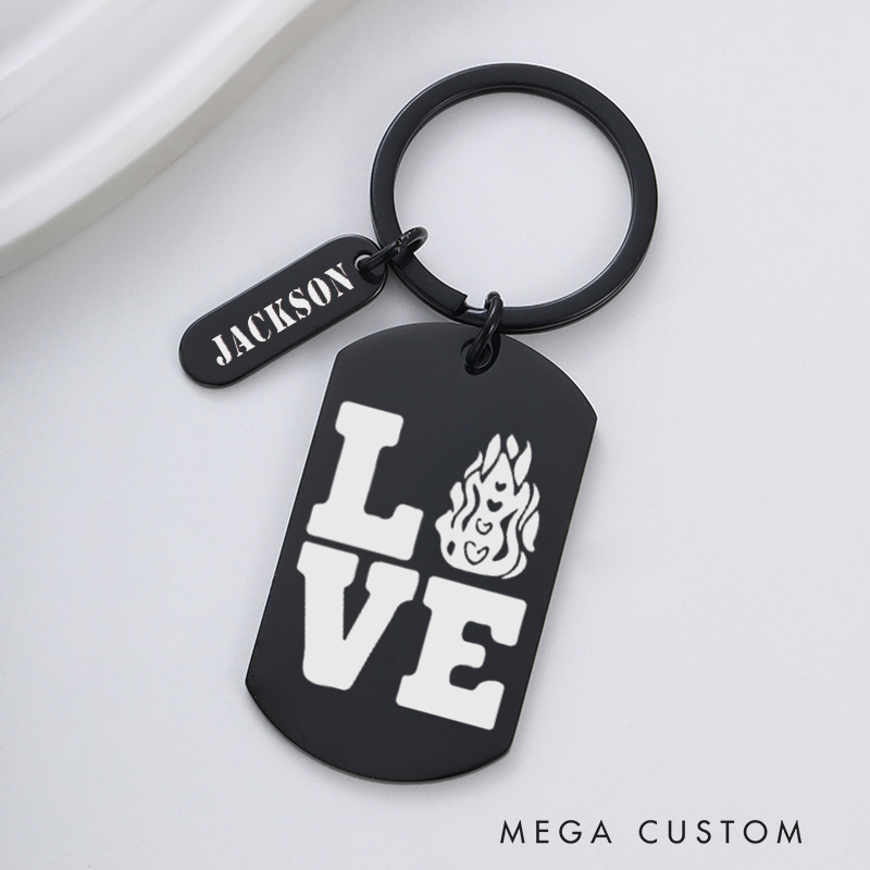 Personalized Fireman Keychain Engraved Metal Design Featuring Love Text with Flame Graphic Gift for Firefighters and Their Loved Ones