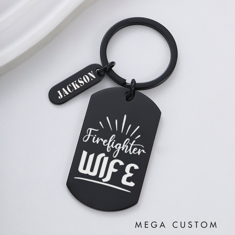 Personalized Fireman Keychain Engraved Metal Design Featuring Firefighter Wife Text with Elegant Accents Gift for Firefighters' Wives
