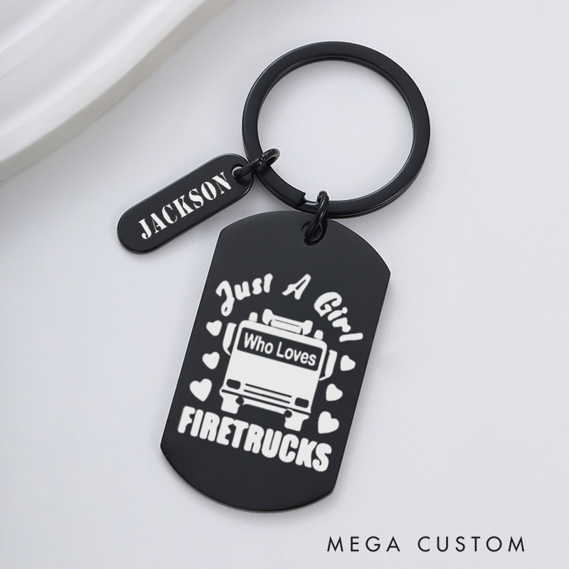 Personalized Fireman Keychain Engraved Metal Design Featuring Just a Girl Who Loves Firetrucks Text with Firetruck and Heart Graphics Gift for Firetruck Enthusiasts