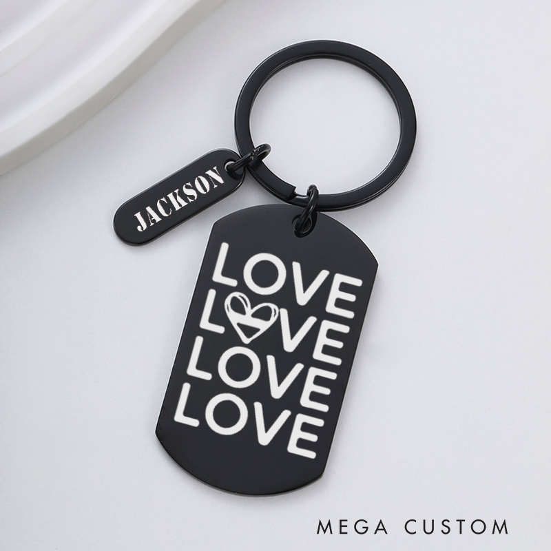 Personalized Keychain Engraved Metal Design Featuring Repeated Love Text with a Heart Graphic Gift for Loved Ones