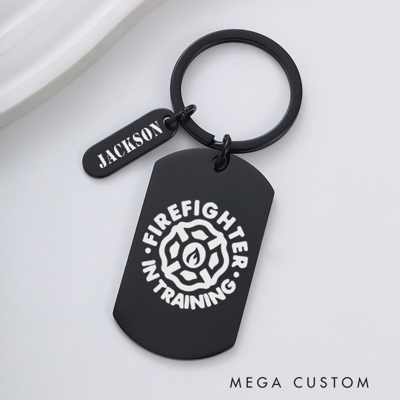 Personalized Fireman Keychain Engraved Metal Design Featuring Firefighter in Training with Firefighter Emblem Graphic Gift for Aspiring Firefighters