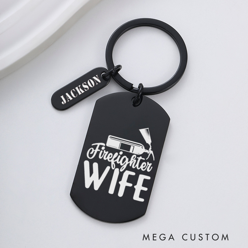 Personalized Fireman Keychain Engraved Metal Design Featuring Firefighter Wife with Fire Hose Graphic Gift for Firefighters' Wives