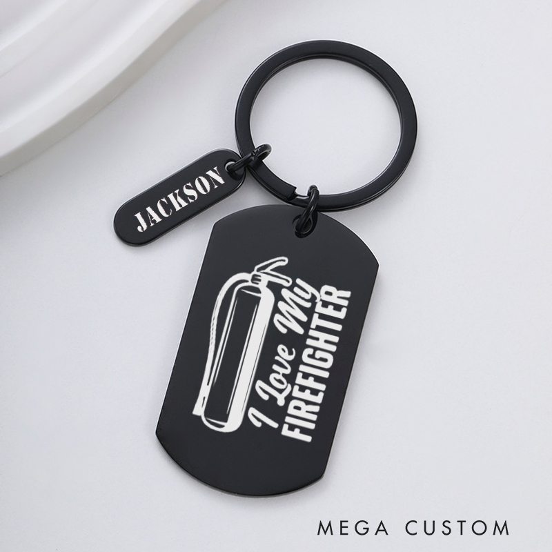 Personalized Fireman Keychain Engraved Metal Design Featuring I Love My Firefighter with Fire Extinguisher Graphic Gift for Firefighter Loved Ones