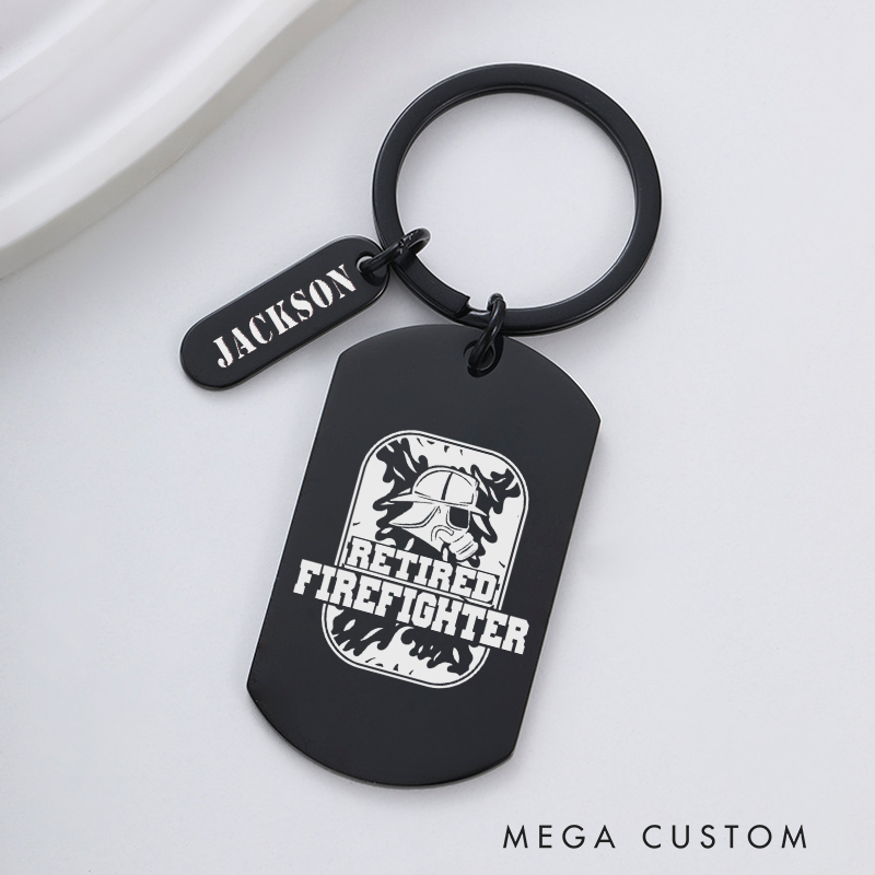 Personalized Fireman Keychain Engraved Metal Design Featuring Retired Firefighter with Firefighter Helmet and Flames Graphic Gift for Retired Firefighters