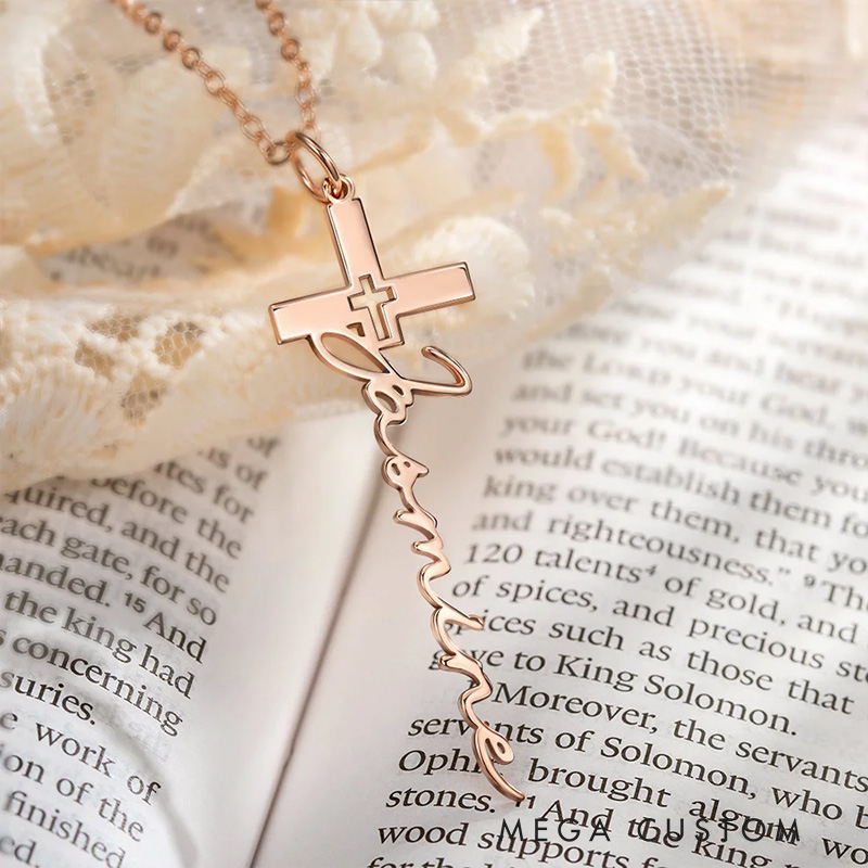 Personalized Cross Pendant Necklace with Name Crucifix Jewelry Christening Baptism Gift First Communion Gift for Her