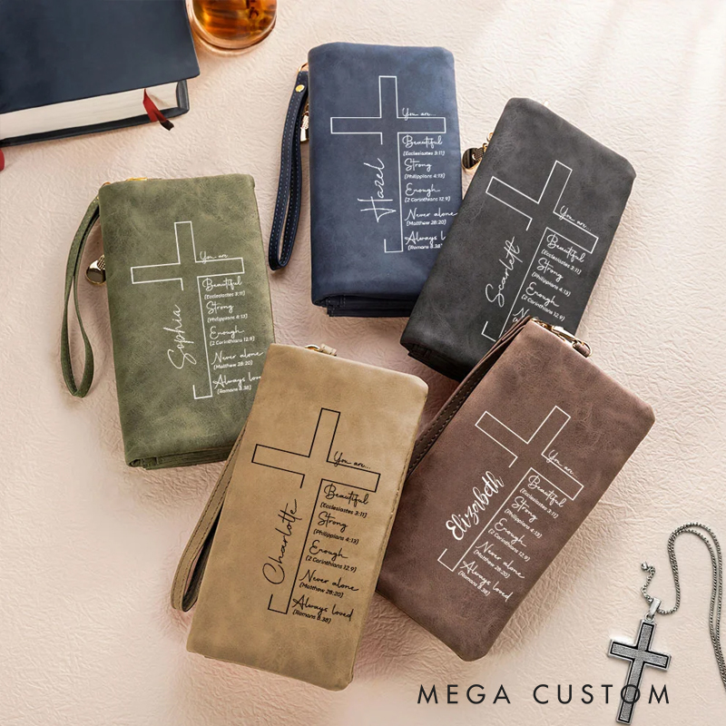 Personalized Cross Bible Verse Wristlet Tri-fold Leather Wallet with Name and Card Slots Birthday Baptism Gift for Christians Women