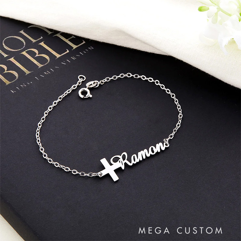 Personalized Cross Bracelet with Name Birthday Gift Christening Gift Religious Gift for Her