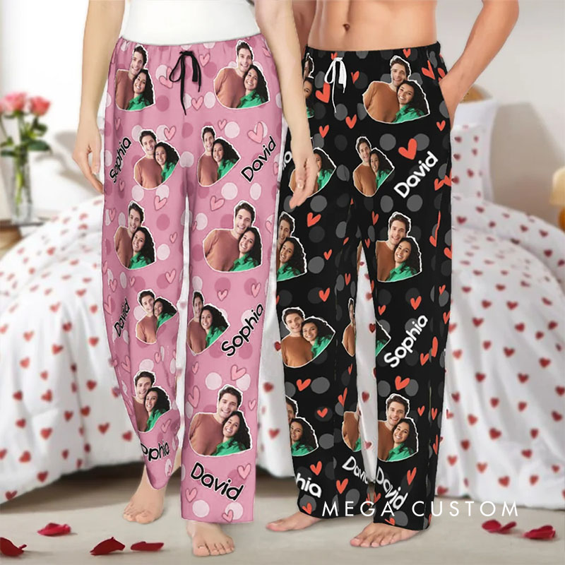 Personalized Valentine's Day Couple Faces Matching Pajama Pants Photo Pjs Bottoms for Women Men Anniversary Gift for Boyfriend Girlfriend