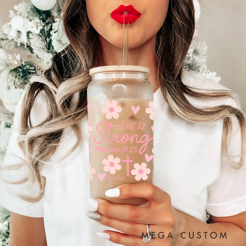 Personalized She is Strong Proverbs 31:25 Glass Cup with Lid and Straw Floral and Cross Custom Name Coffee Cup Inspirational Gift for Christian Women