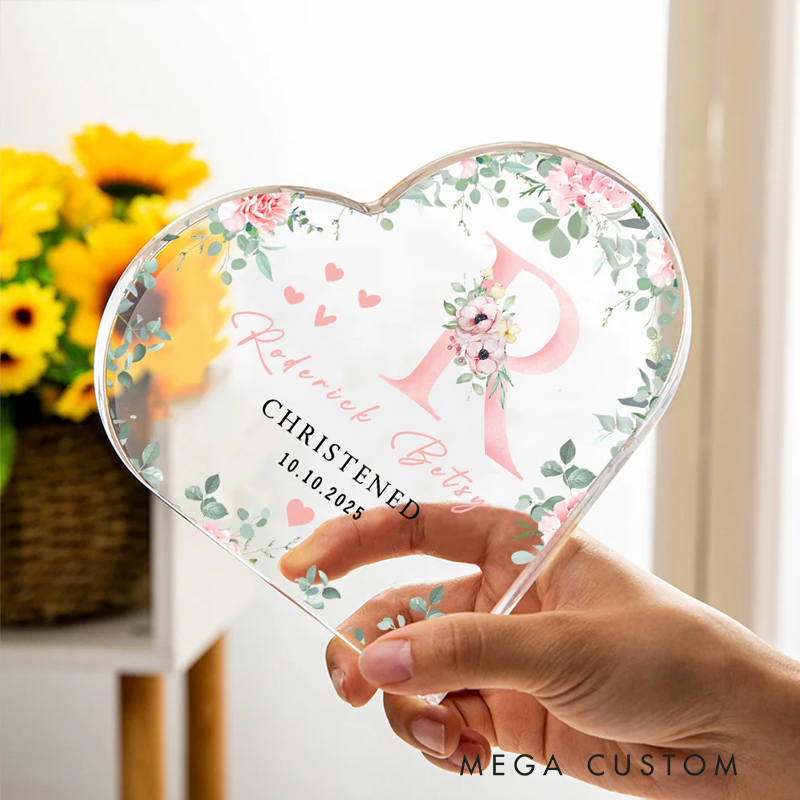Personalized Floral Initial Heart-Shaped Acrylic Plaque with Name and Text Baptism Birthday Gift for Christian