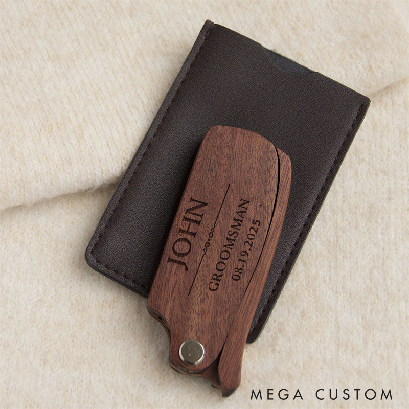 Personalized Groomsmen Portable Folding Comb Engraved Wooden Beard Comb Groomsmen Gifts for Him