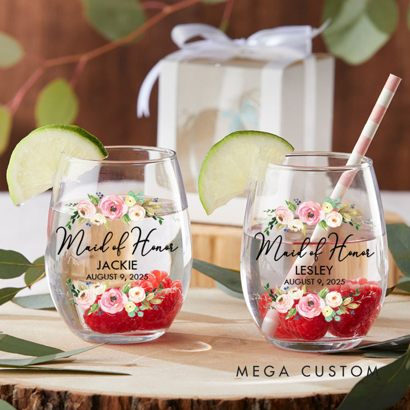 Personalized Maid of Honor Floral Wine Glasses Bride Wedding Wine Glasses Tumbler Bachelorette Party Gift