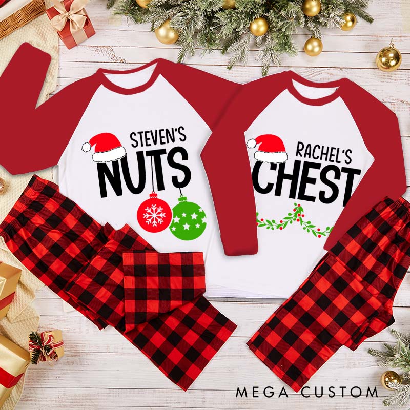 Personalized Couple Funny Nuts and Chest Xmas Matching Pajamas Christmas Matching Pjs for Husband Wife Boyfriend Girlfriend