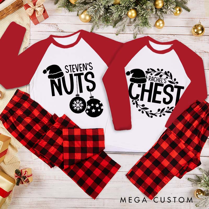 Personalized Couple humor Nuts and Chest Xmas Matching Pajamas Christmas Matching Pjs for Husband Wife Boyfriend Girlfriend