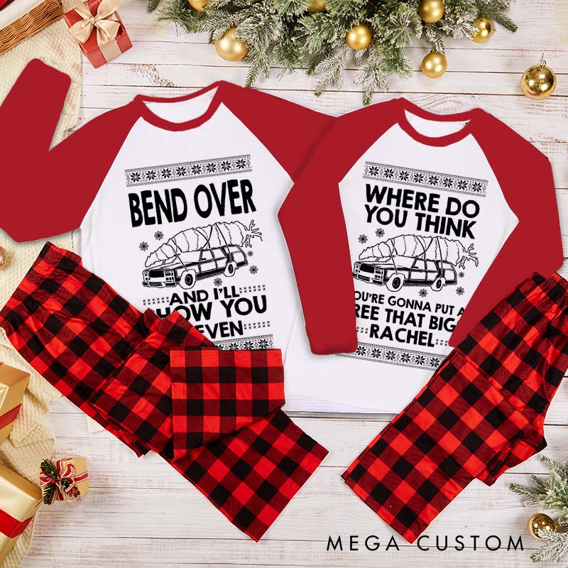 Personalized Couple Bend Over and I'll Show You Xmas Matching Pajamas Car Carrying a Christmas Tree Matching Pjs for Husband Wife Boyfriend Girlfriend