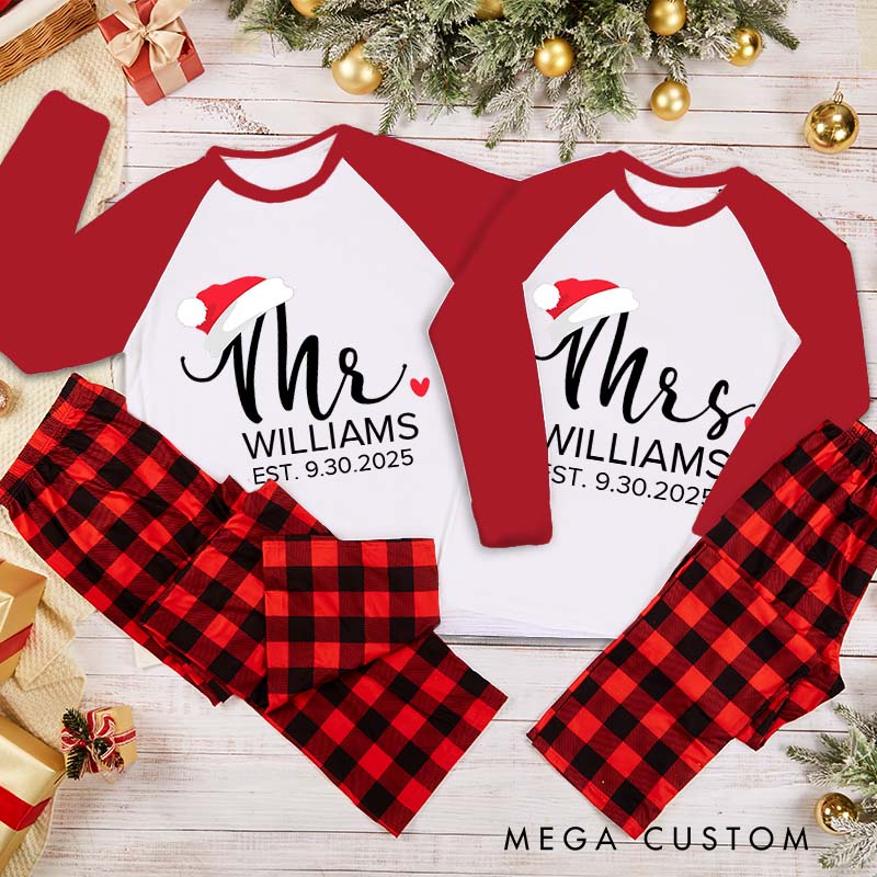 Personalized Couple Mr. and Mrs. with Christmas Hats Matching Pajamas Christmas Matching Pjs for Husband Wife Boyfriend Girlfriend