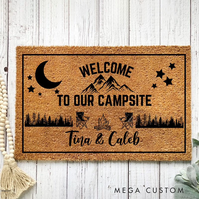 Personalized Welcome to Our Campsite Doormat Family's Outdoor Doormat for Hiking Traveling Lovers Gift 