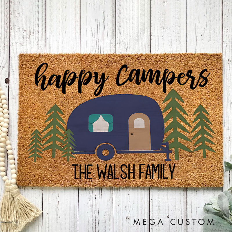 Personalized Family Happy Campers Doormat Outdoor Camping Adventure Doormat for Hiking Traveling Lovers Gift 