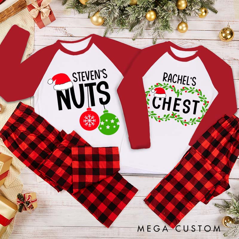 Personalized Couple Nuts and Chest with Christmas Hat Matching Pajamas Christmas Matching Pjs for Husband Wife Boyfriend Girlfriend