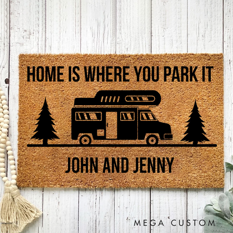 Personalized Family Happy Campers RV Life Doormat Home Is Where You Park It Door Mat for Hiking Traveling Lovers Gift 