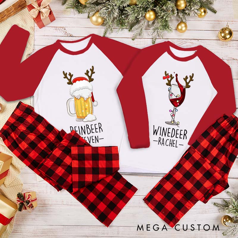 Personalized Couple Reinbeer and Winedeer Xmas Matching Pajamas Christmas Matching Pjs for Husband Wife Boyfriend Girlfriend