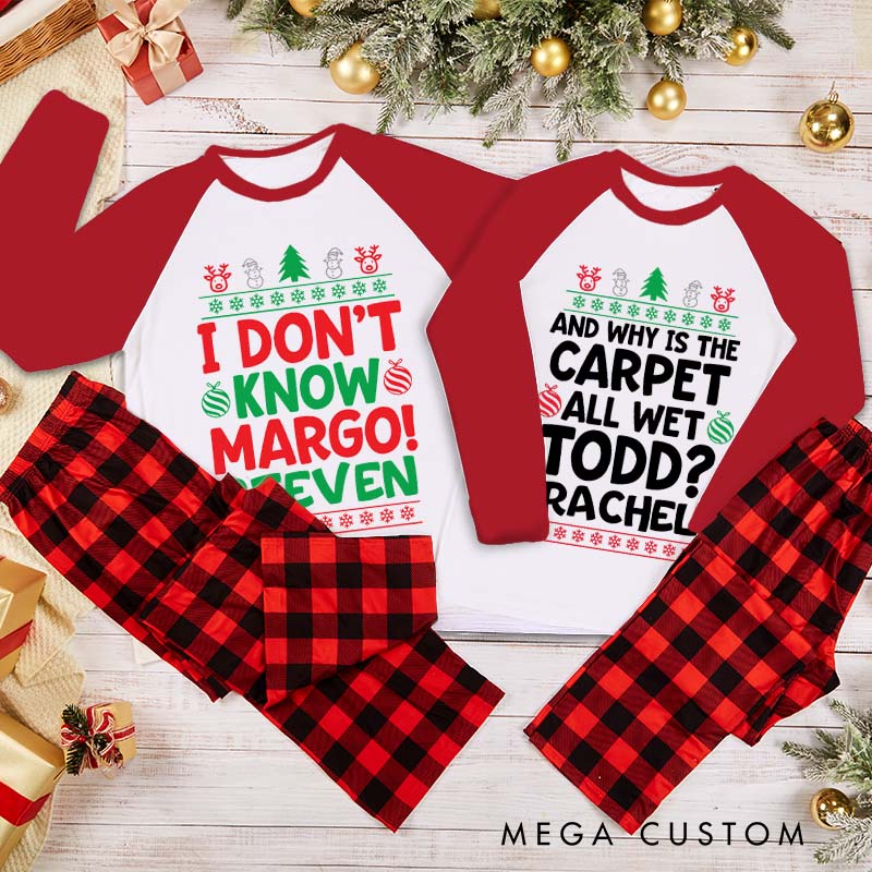 Personalized Couple I Don't Know and Why is the Carpet All Wet Xmas Pajamas Christmas Matching Pjs for Husband Wife Boyfriend Girlfriend