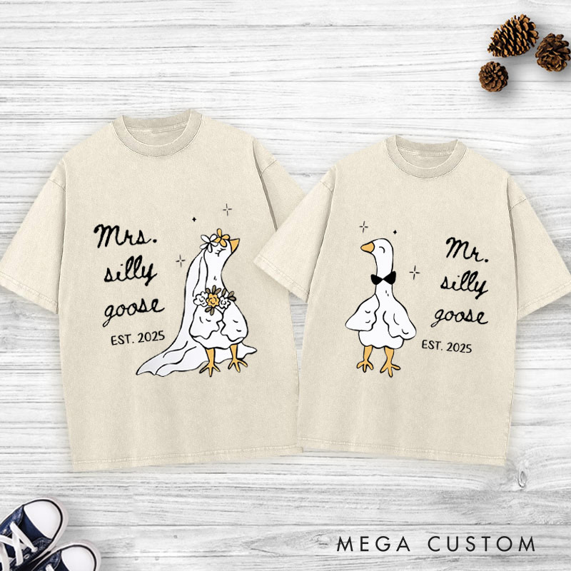 Personalized Funny Mr and Mrs Silly Goose Matching Wedding Couple Washed T-Shirt
