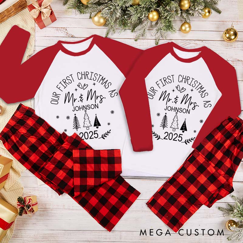 Personalized Couple Our First Christmas as Mr. and Mrs. with Christmas Tree Matching Pajamas Christmas Pjs for Husband Wife Boyfriend Girlfriend