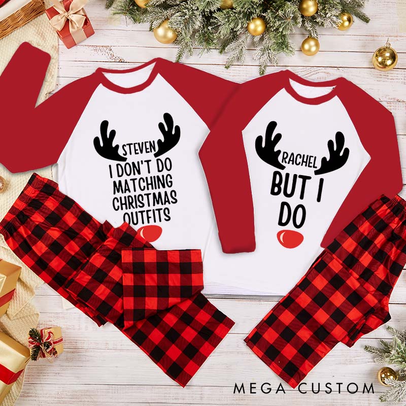Personalized I Don't Do Matching Christmas Outfits But I Do with Antlers Pajamas Couple Christmas Matching Pjs for Husband Wife Boyfriend Girlfriend