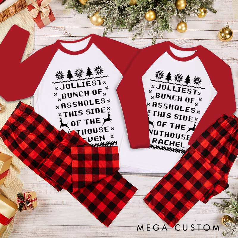 Personalized Couple Jolliest Bunch of Assholes This Side of the Nuthouse Xmas Pajamas Christmas Matching Pjs for Husband Wife Boyfriend Girlfriend