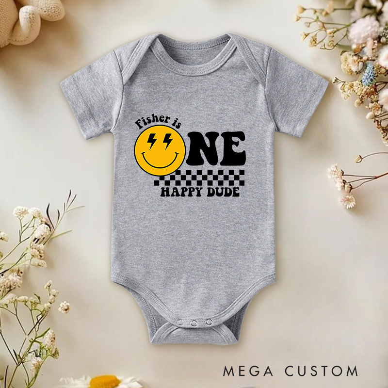 Personalized One Happy Dude Birthday Smiley Face Baby Onesie Birthday Gift for Baby