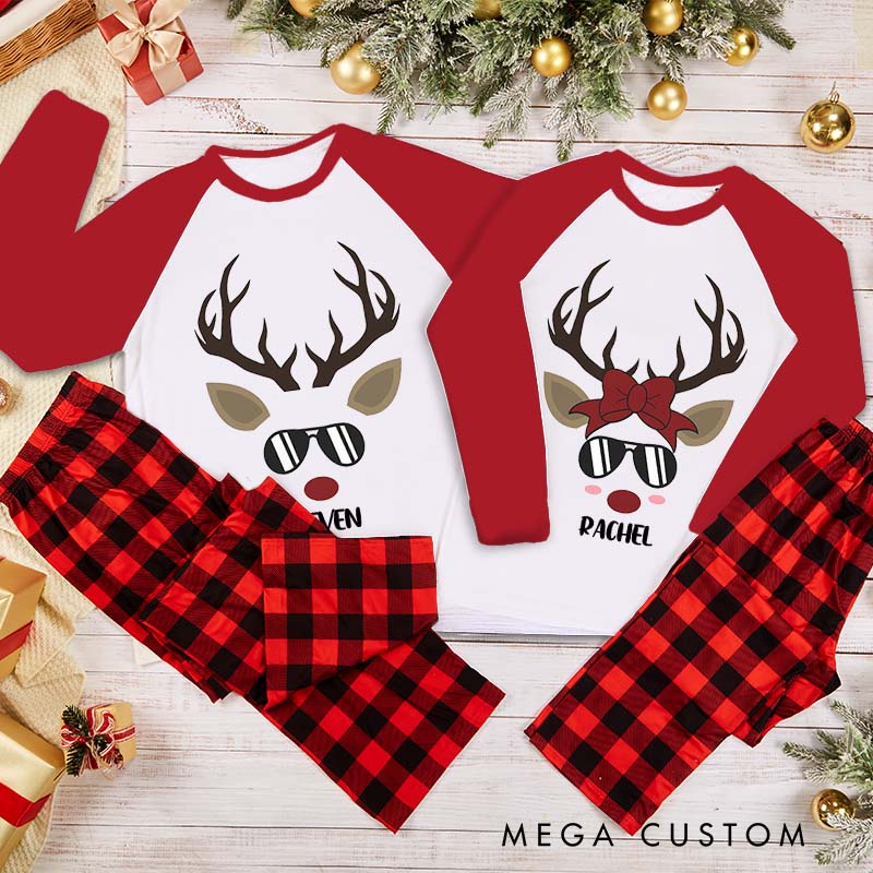 Personalized Couple Reindeer with Sunglasses Xmas Matching Pajamas Christmas Matching Pjs for Husband Wife Boyfriend Girlfriend