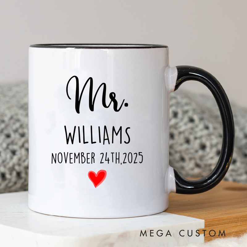 Personalized Mr & Mrs Wedding Date Mug with Heart Accent Couple Coffee Cup for Her Him Ceramic Cup for Couple Newlyweds