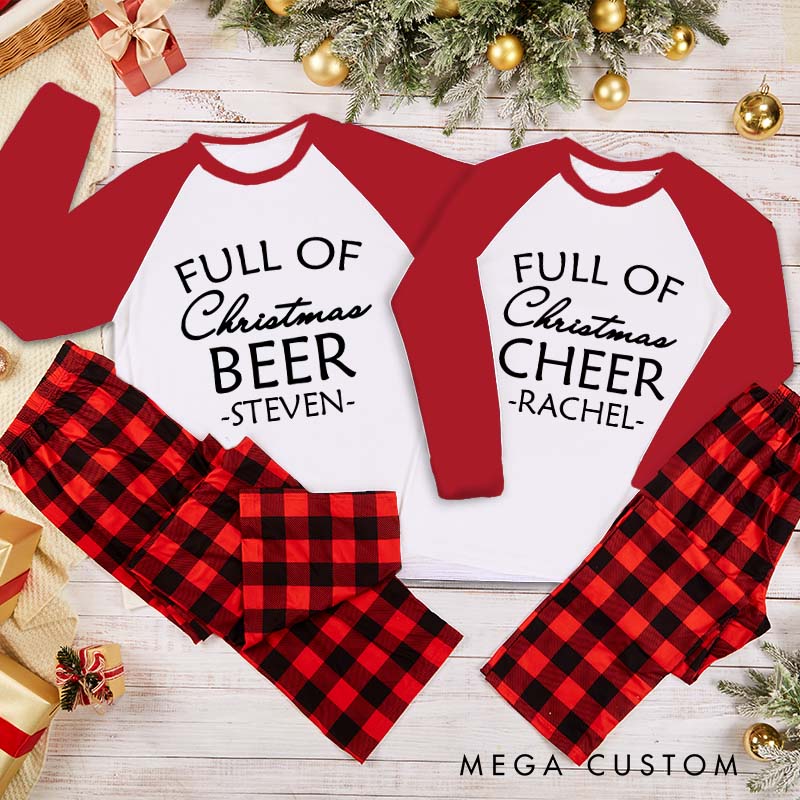 Personalized Couple Minimalist Full of Christmas Beer and Full of Christmas Cheer Matching Pajamas Christmas Pjs for Husband Wife Boyfriend Girlfriend