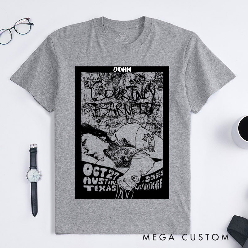 Personalized Cat Flower Rock Lovers Unisex Classic T-Shirts Custom Name Music Lovers Gift Unique Artistic Tee for Friends Anniversary Special Occasion