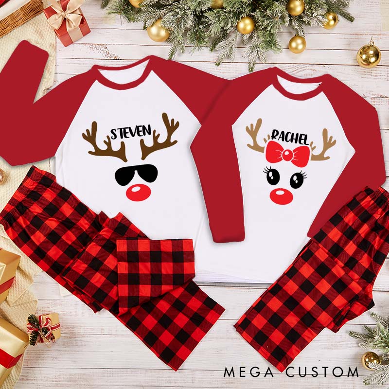 Personalized Couple Cute Reindeer with Sunglasses Xmas Matching Pajamas Christmas Matching Pjs for Husband Wife Boyfriend Girlfriend