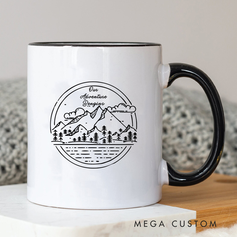 Personalized Couple Adventure Begins Mug Ceramic Coffee Cup for Husband Wife Anniversary Couple Mug for Newlyweds