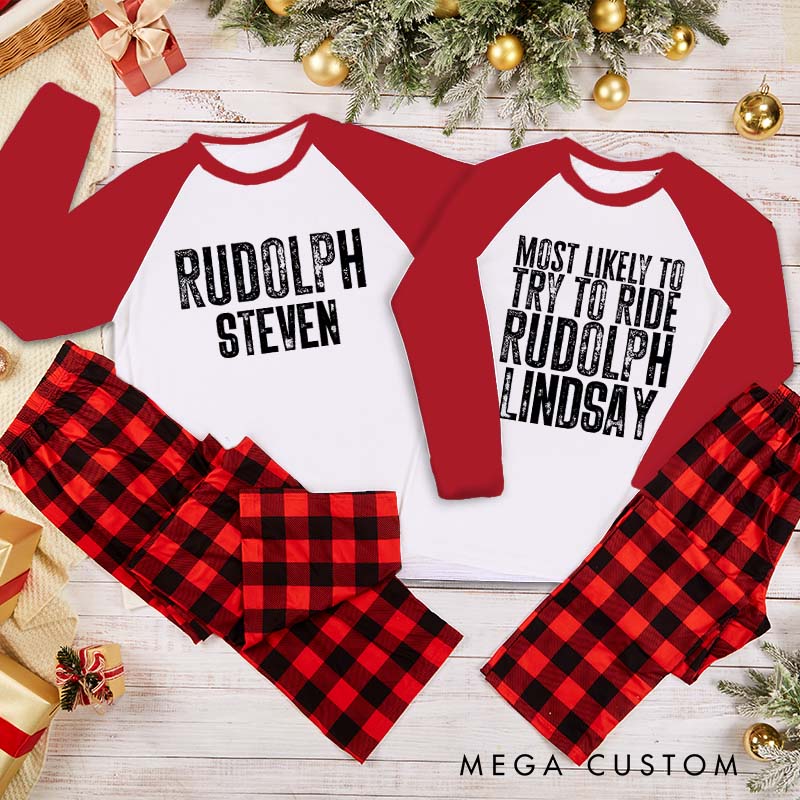 Personalized Couple Retro Rudolph and Most Likely to Try to Ride Rudolph Xmas Pajamas Christmas Matching Pjs for Husband Wife Boyfriend Girlfriend