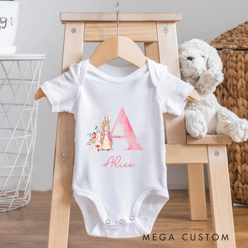 Personalized Pink Rabbit Initial Baby Onesie  New Girl Gift Coming Home Gift 