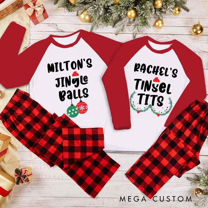 Personalized Couple Funny Jingle Balls and Tinsel Tits Xmas Pajamas Christmas Humor Matching Pjs for Husband Wife Boyfriend Girlfriend