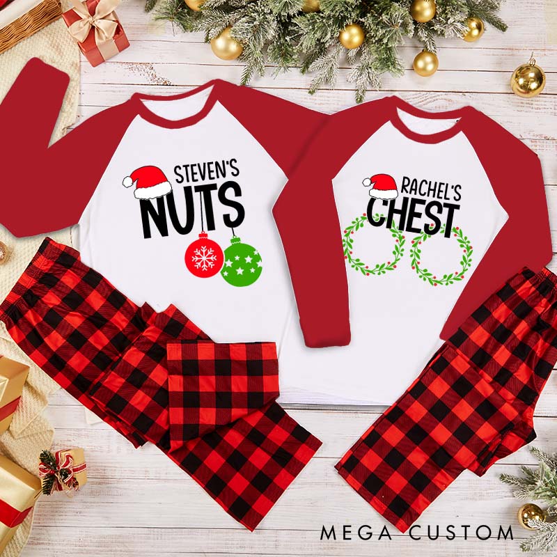 Personalized Funny Couple Nuts and Chest Xmas Matching Pajamas with Name Christmas Humor Matching Pjs for Husband Wife Boyfriend Girlfriend