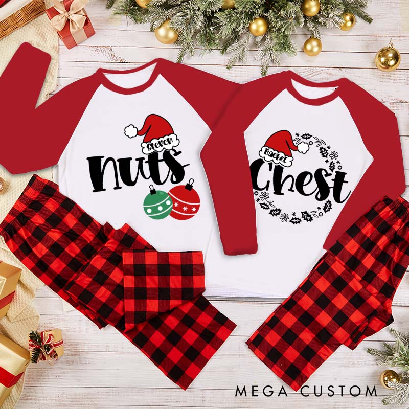 Personalized Playful Couple Nuts and Chest Xmas Matching Pajamas Cute Christmas Matching Pjs for Husband Wife Boyfriend Girlfriend