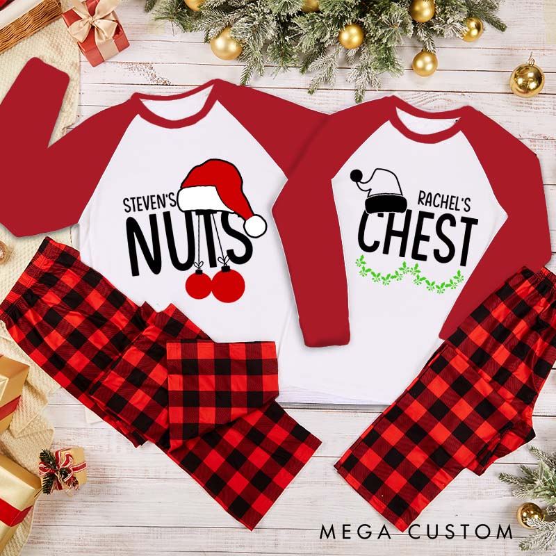 Personalized Cheeky Couple Christmas Nuts and Chest Xmas Pajamas with Name Christmas Matching Pjs for Husband Wife Boyfriend Girlfriend