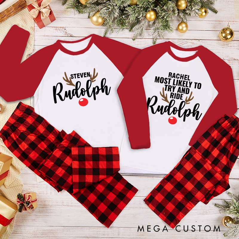 Personalized Playful Couple Most Likely to Try and Ride Rudolph Xmas Pajamas with Name Christmas Matching Pjs for Husband Wife Boyfriend Girlfriend