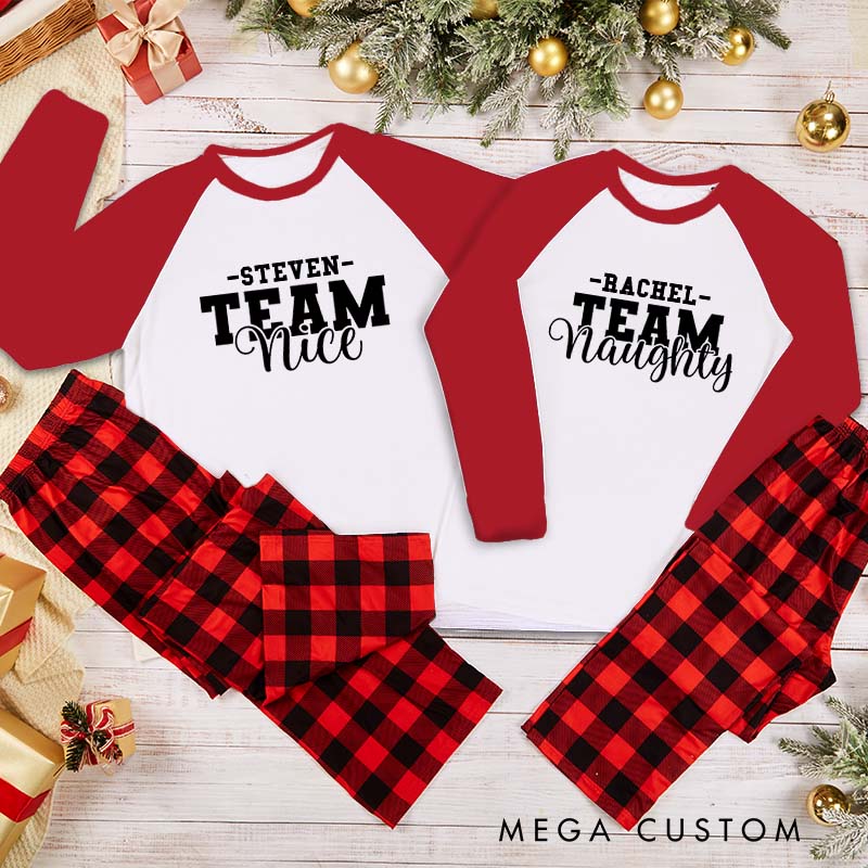 Personalized Couple Team Nice and Team Naughty Xmas Pajamas with Name Christmas Matching Pjs for Husband Wife Boyfriend Girlfriend
