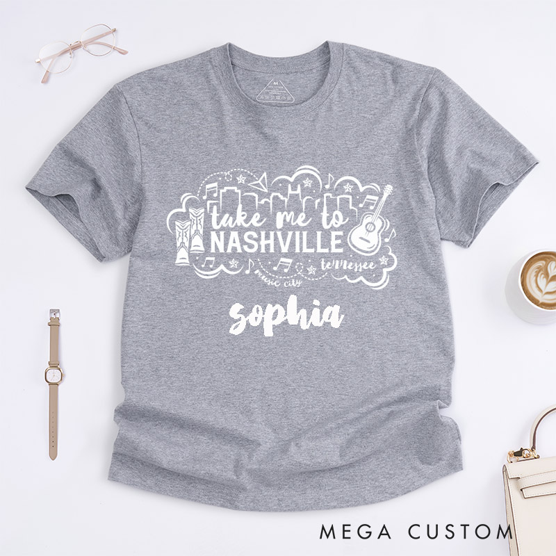 Personalized Nashville Music City Classic T-Shirts Custom Name Gift with Western Country Boots Guitar for Music Lovers Men Women Travelers Tourists