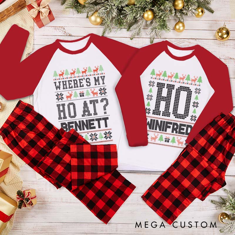 Personalized Funny Couple Where’s My Ho At and Ho Xmas Matching Pajamas Christmas Matching Pjs for Husband Wife Boyfriend Girlfriend