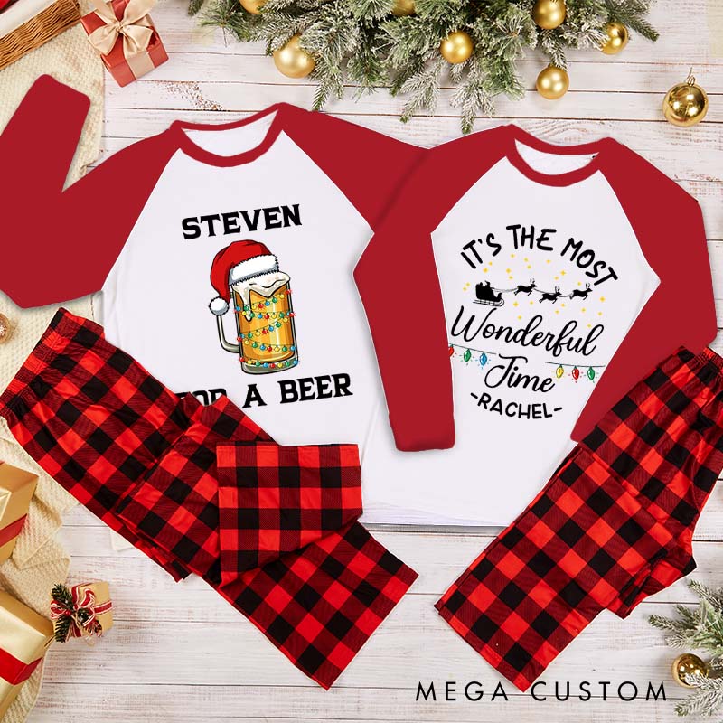 Personalized Couple For a Beer and It’s the Most Wonderful Time Xmas Pajamas Christmas Matching Pjs for Husband Wife Boyfriend Girlfriend